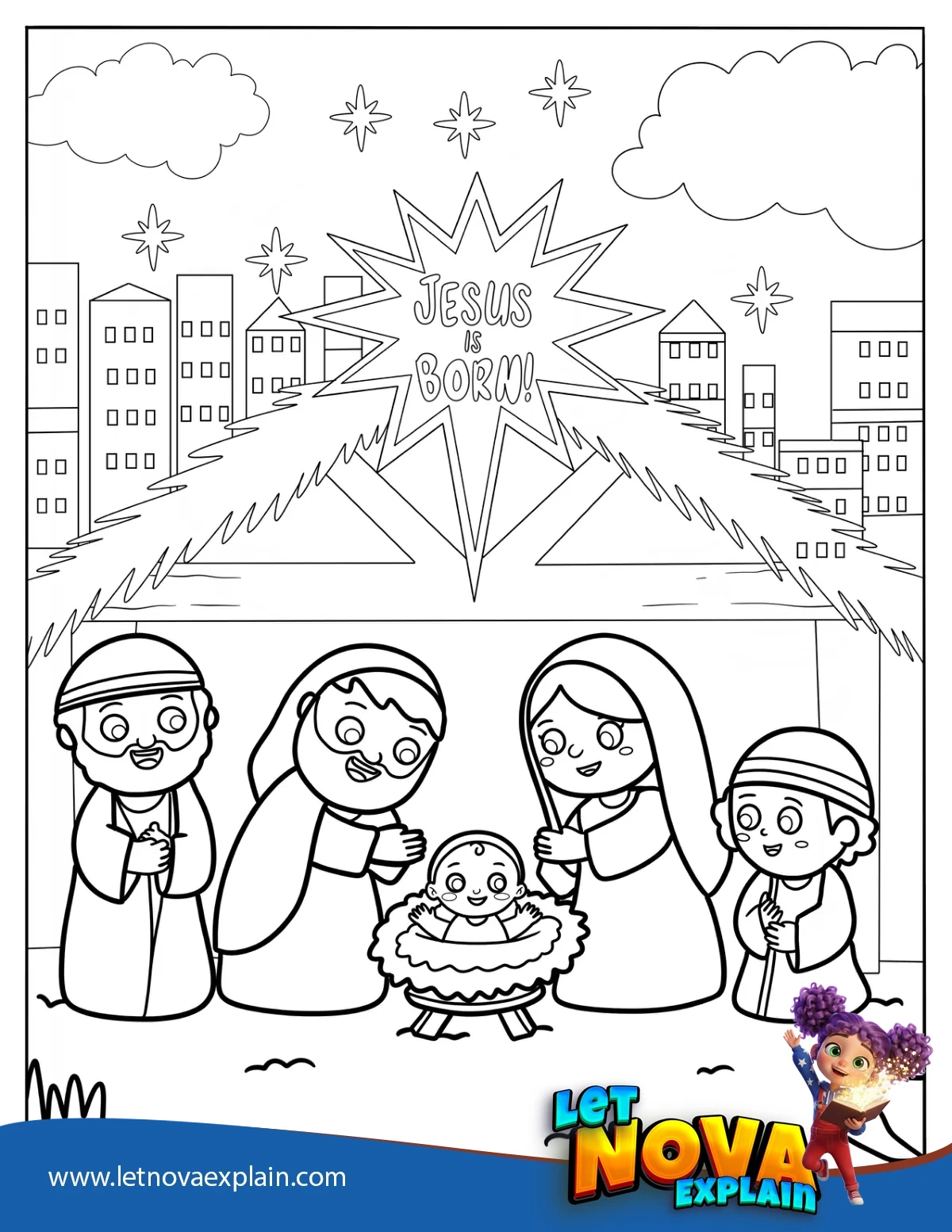 Adorable Nativity With A Shepherd And A Wise Man — Coloring page