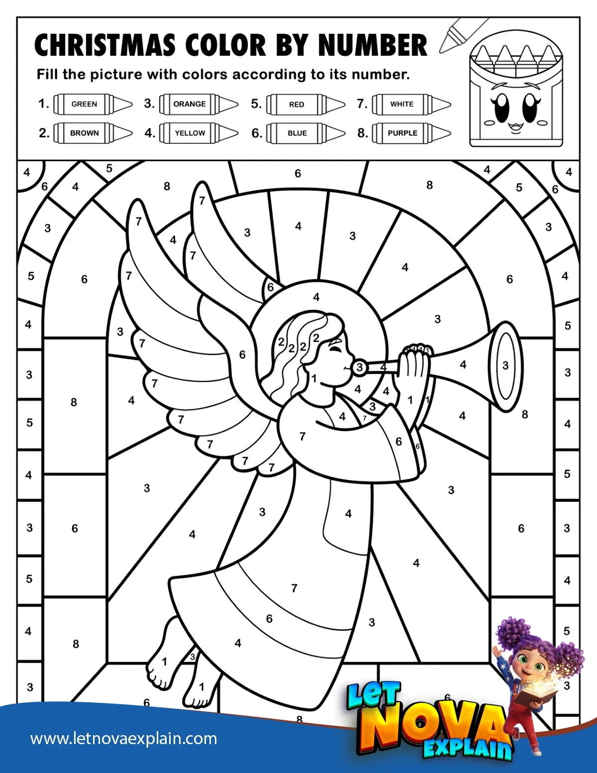 Angel Blowing a Trumpet Christmas Color by Number Coloring Page — Coloring page