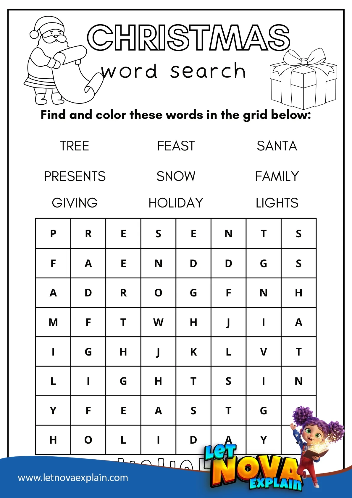 Beginner Christmas Word Search Worksheet Printable — Printable PDF
