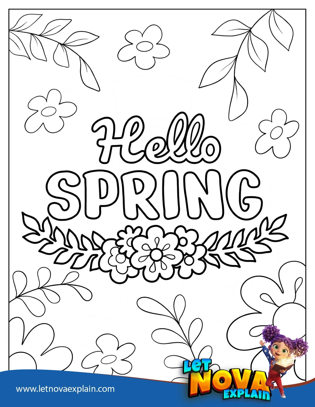 Calligraphy Hello Spring With Flower Wreath Coloring Page — Printable PDF