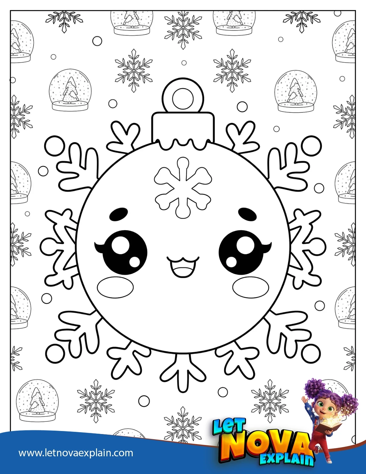 Cartoon Christmas Bauble With Snowflakes Ornament Coloring Sheet For Preschoolers — Printable PDF