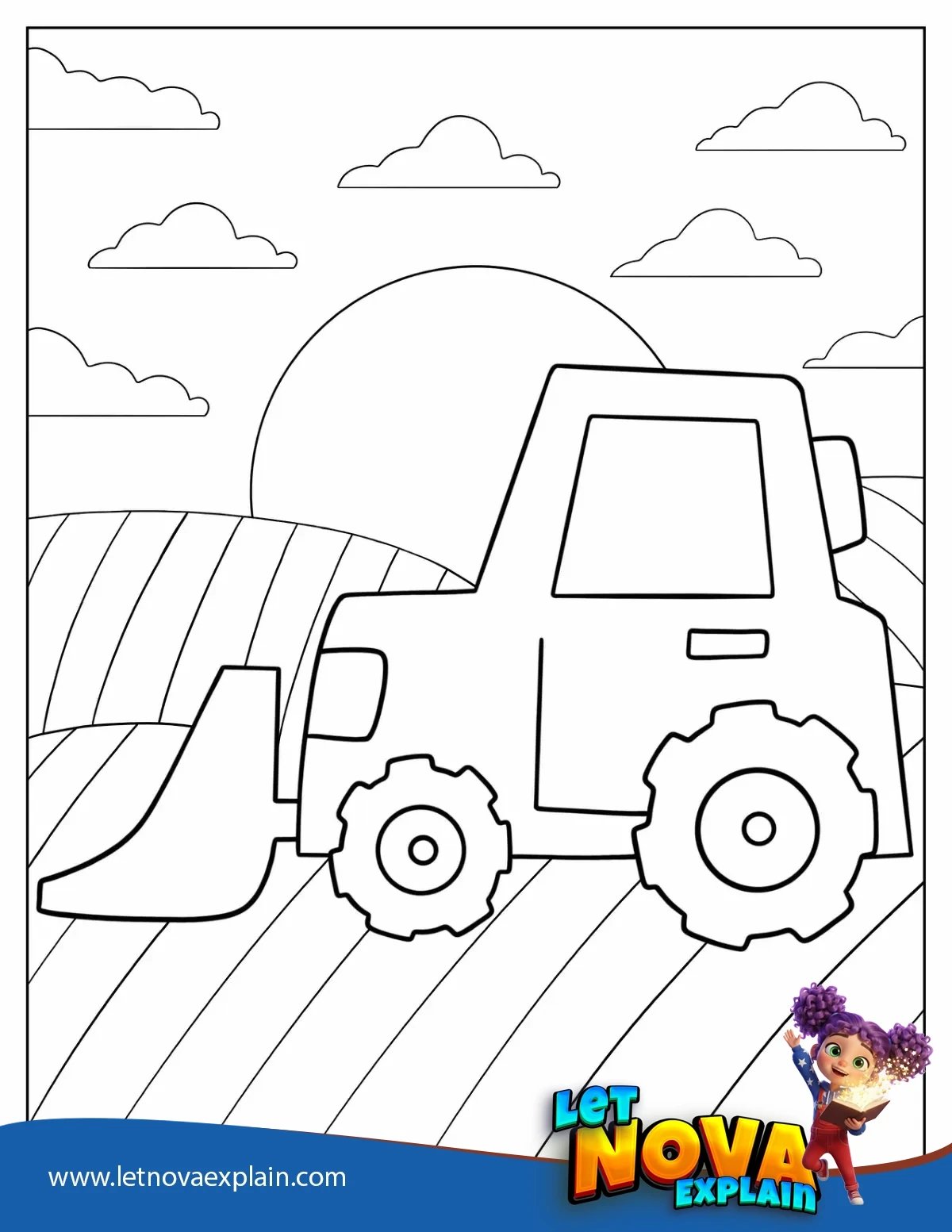 Bulldozer On Rolling Hills Coloring Sheet For Preschoolers — Printable PDF