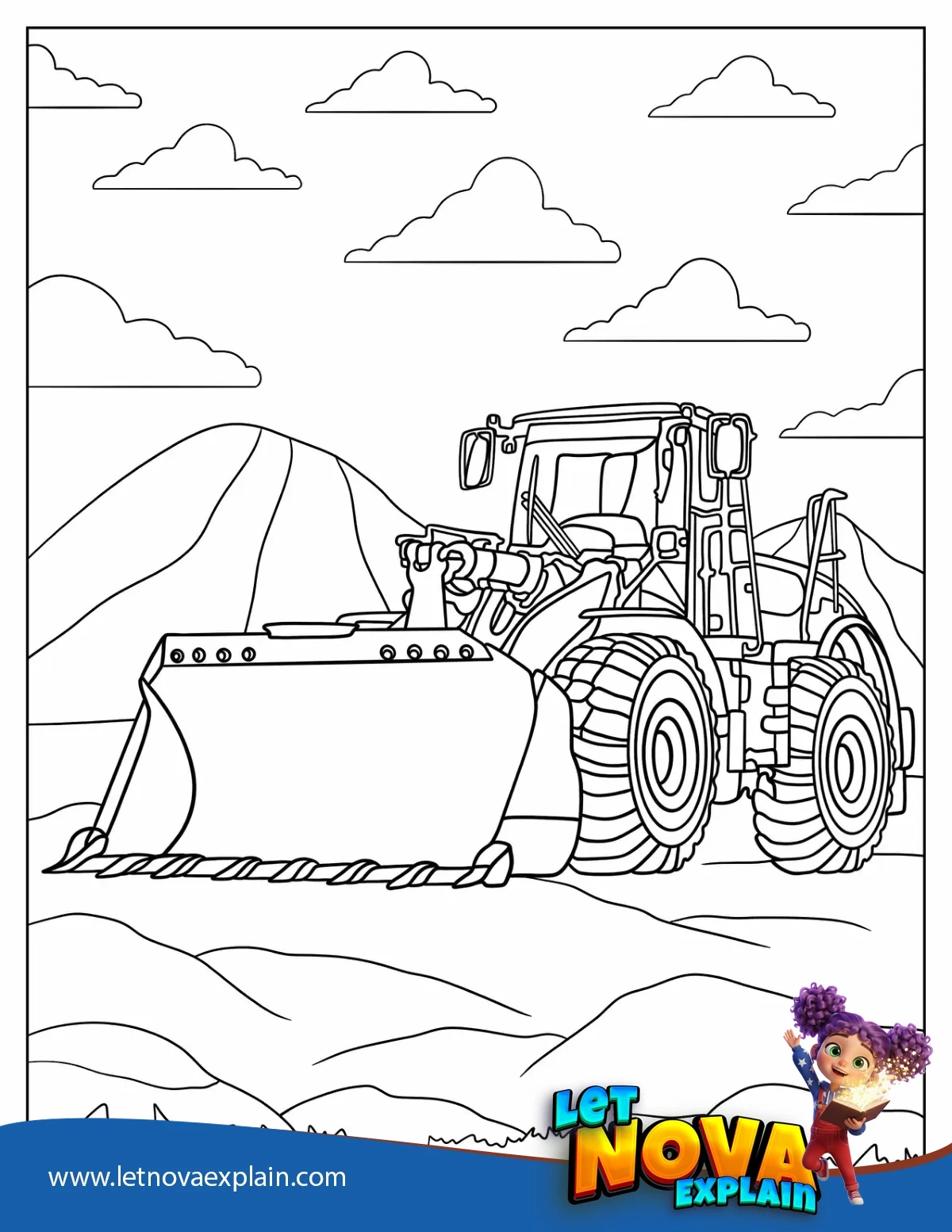 Bulldozer Parked In Mountainous Terrain — Printable PDF