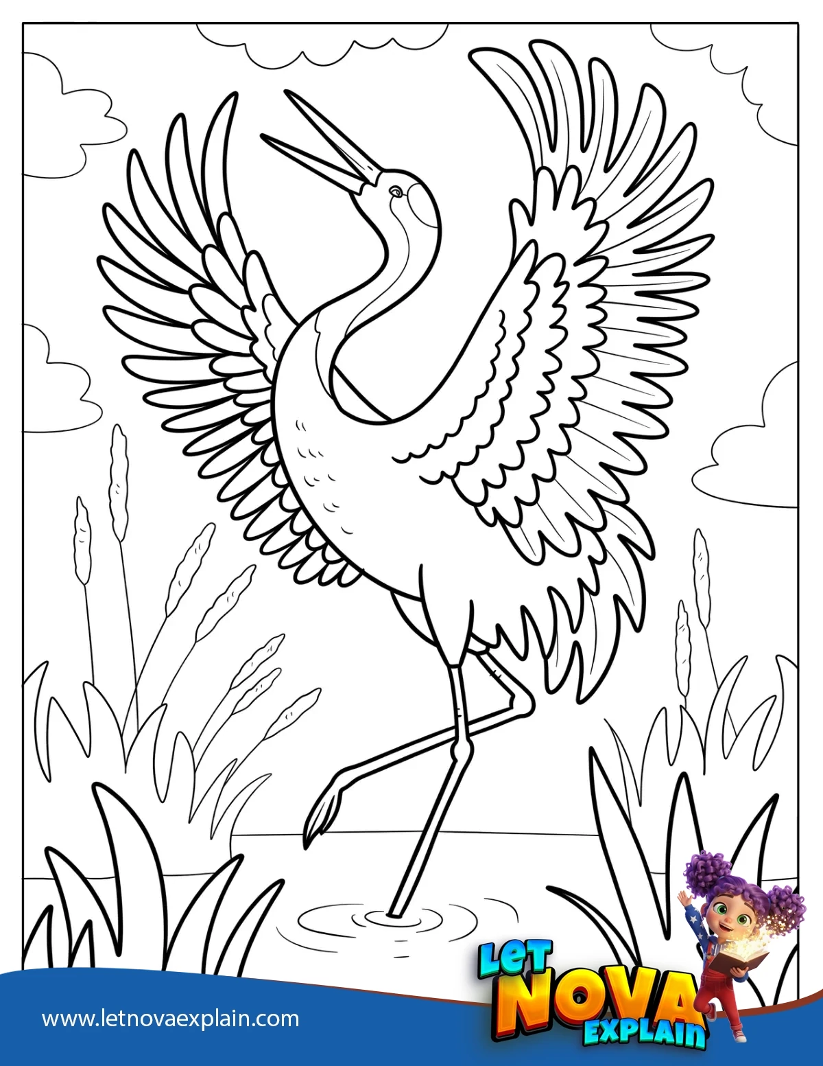 Dancing Crane with Outstretched Wings in a Marsh — Printable PDF