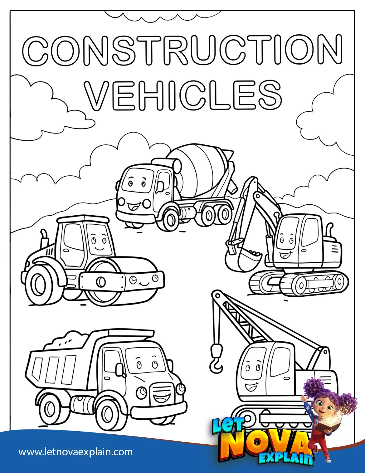 Different Construction Vehicles Coloring Page — Printable PDF