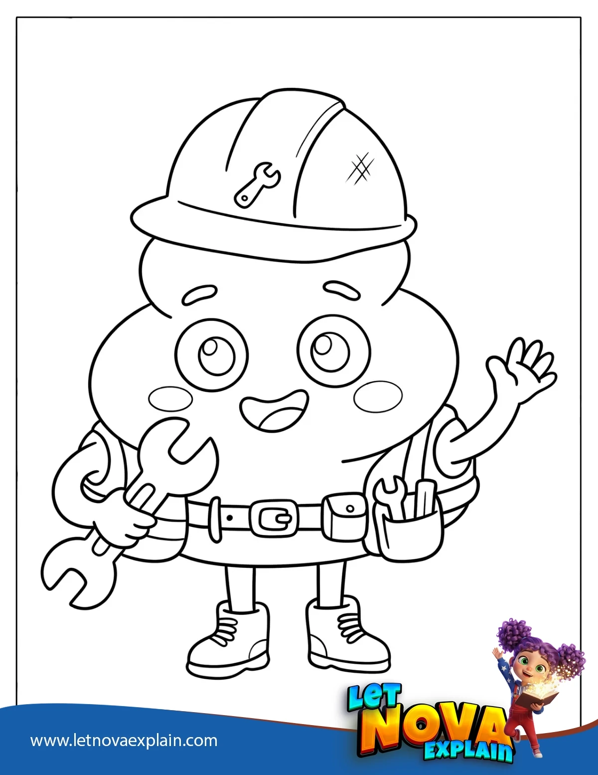 Poop Construction Worker with Hard Hat and Tools Coloring Page for Kids — Printable PDF