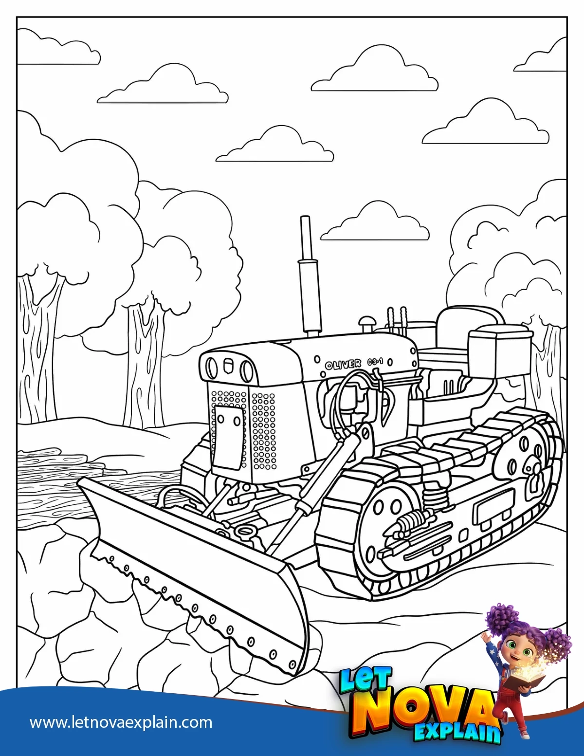 Realistic Oliver Caterpillar Bulldozer Coloring Page — Printable PDF