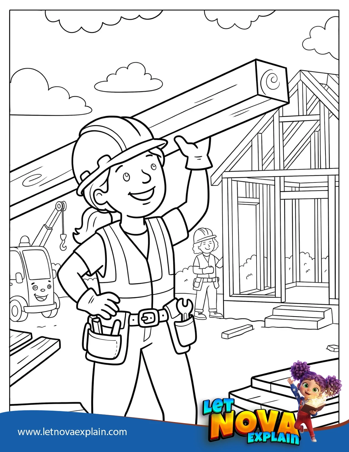 Smiling Construction Worker Carrying Wood Coloring Page — Printable PDF