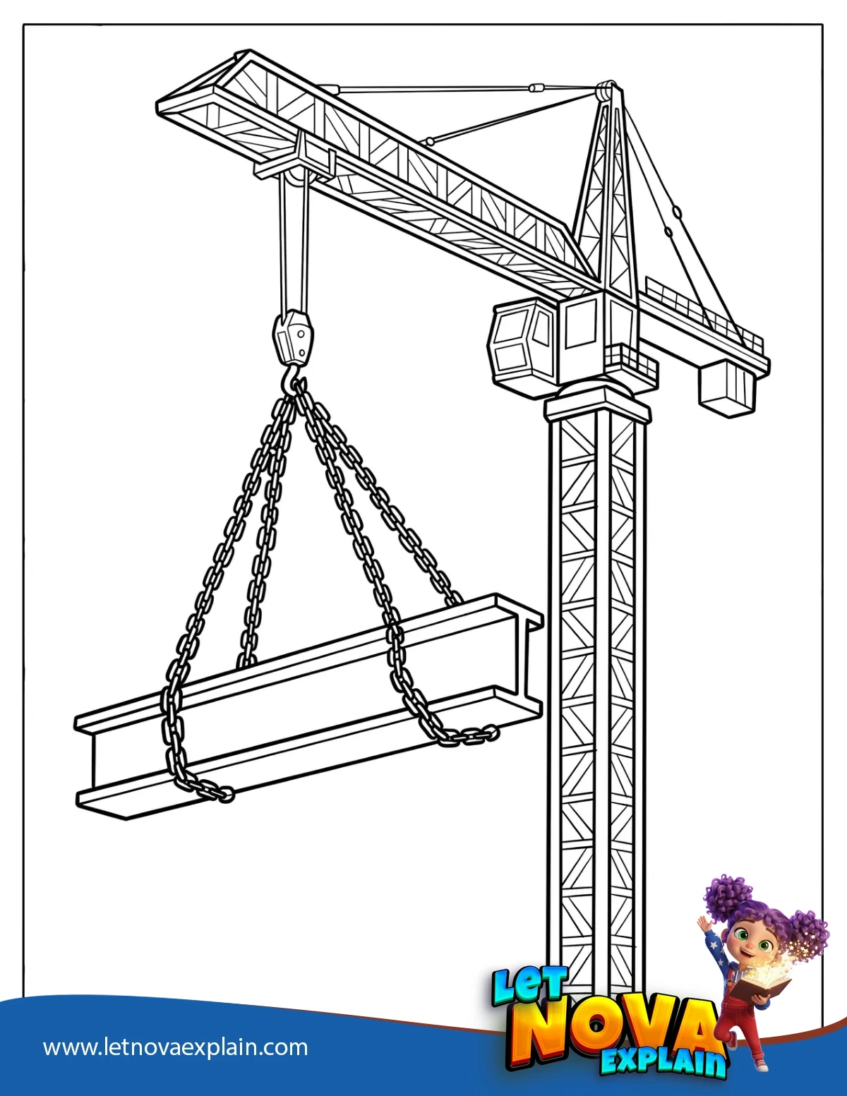 Tower Crane Lifting Steel Bean Coloring Sheet — Printable PDF