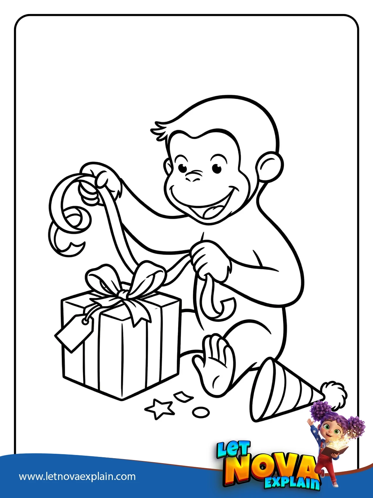 Curious George Opening a Gift coloring — Disegno da colorare