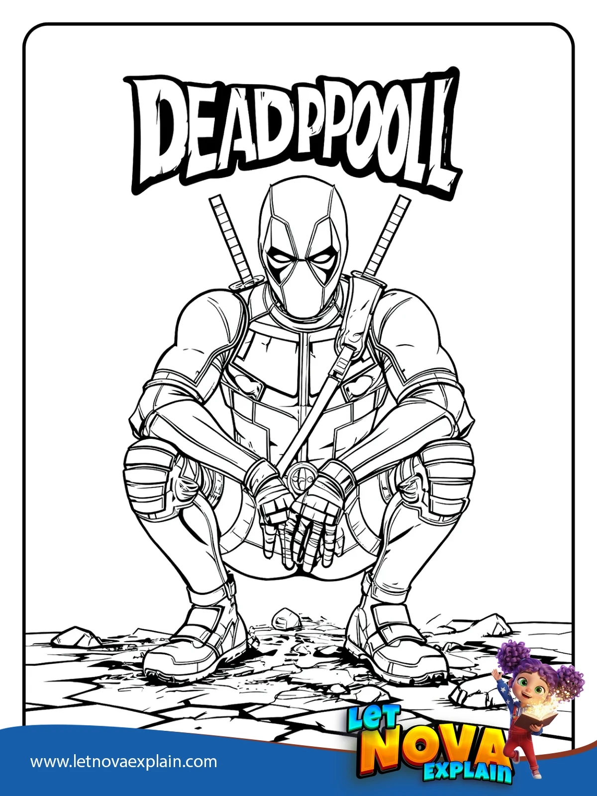 Squat Pose Under Deadpool Text coloring — Printable PDF