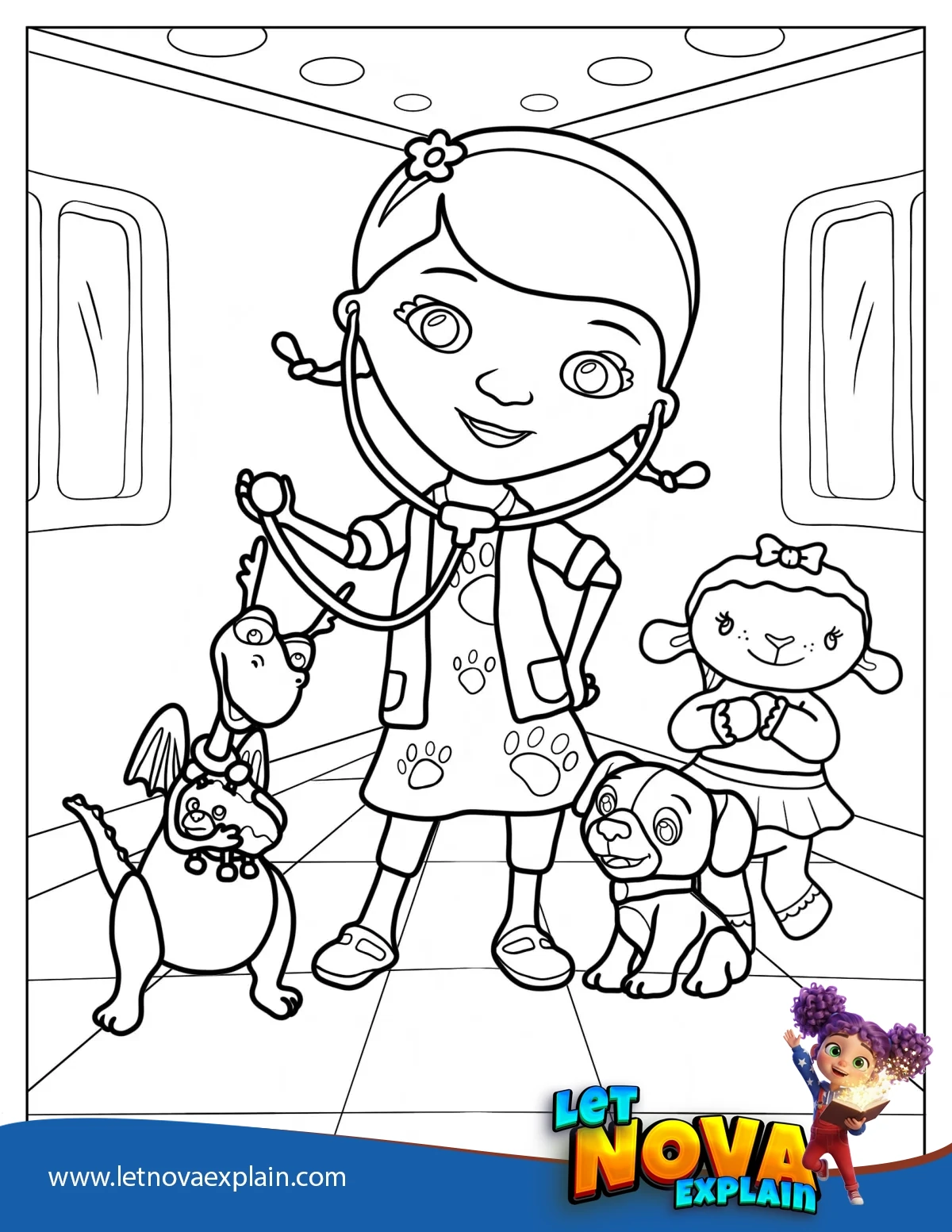 Doc McStuffins In Toy Hospital With Stuffy Findo And Lambie — PDF stampabile