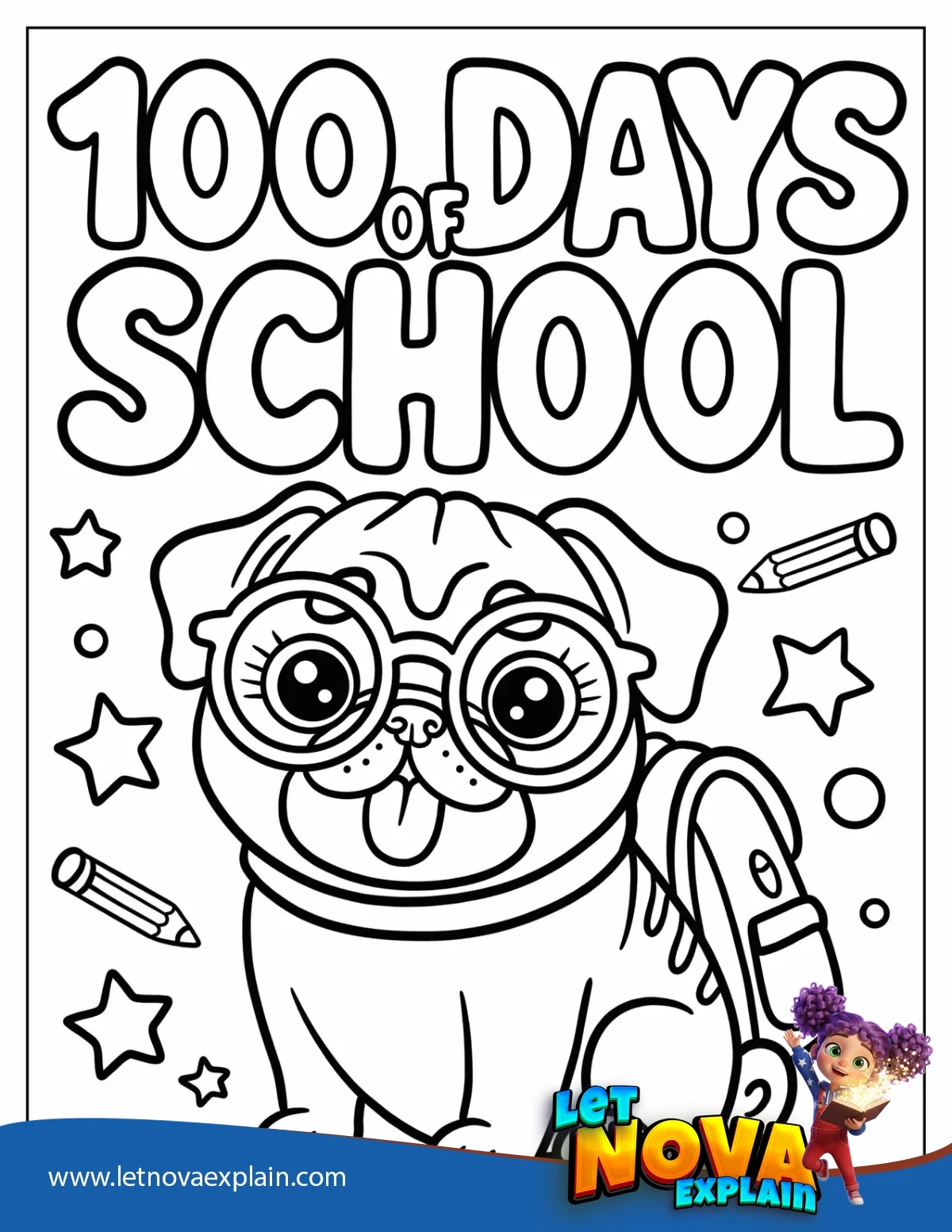 100 Days of School Puppy with Backpack Coloring Page — Printable PDF