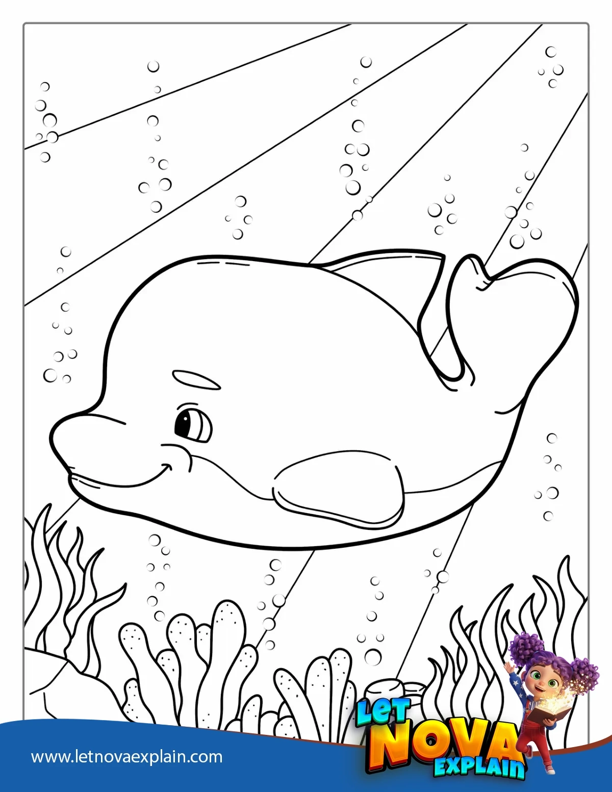 Cartoon Dolphin Swimming In Ocean To Color — Printable PDF