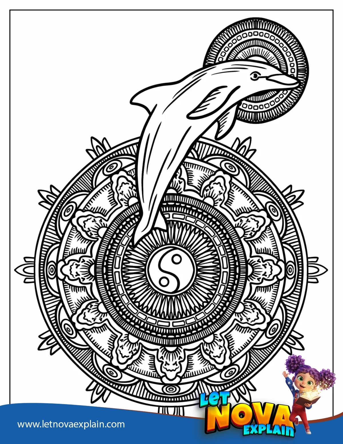 Dolphin Between Two Yin And Yang Mandalas — Printable PDF