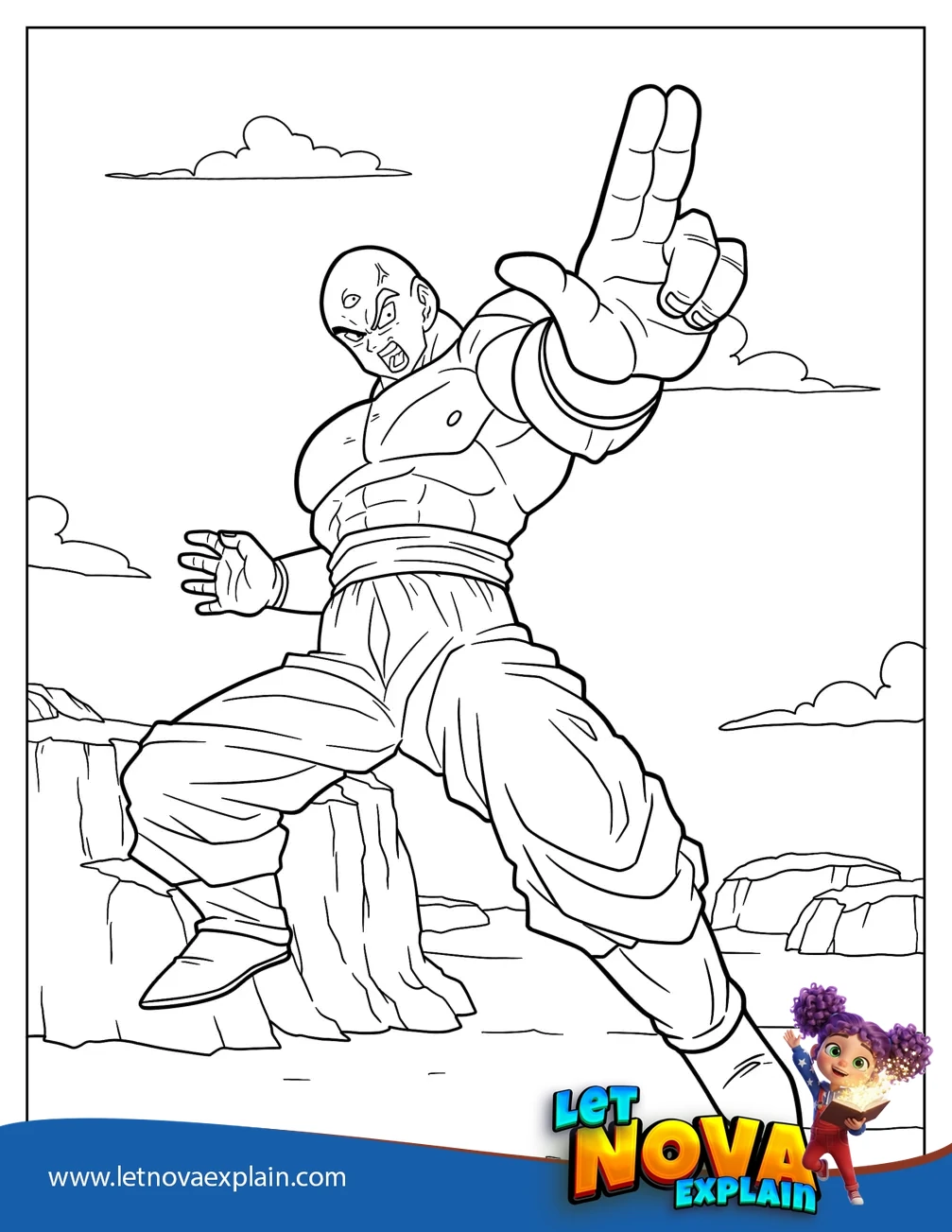 Intense Tien Shinhan in Battle Stance Dragon Ball Z Coloring Page — Page de coloriage