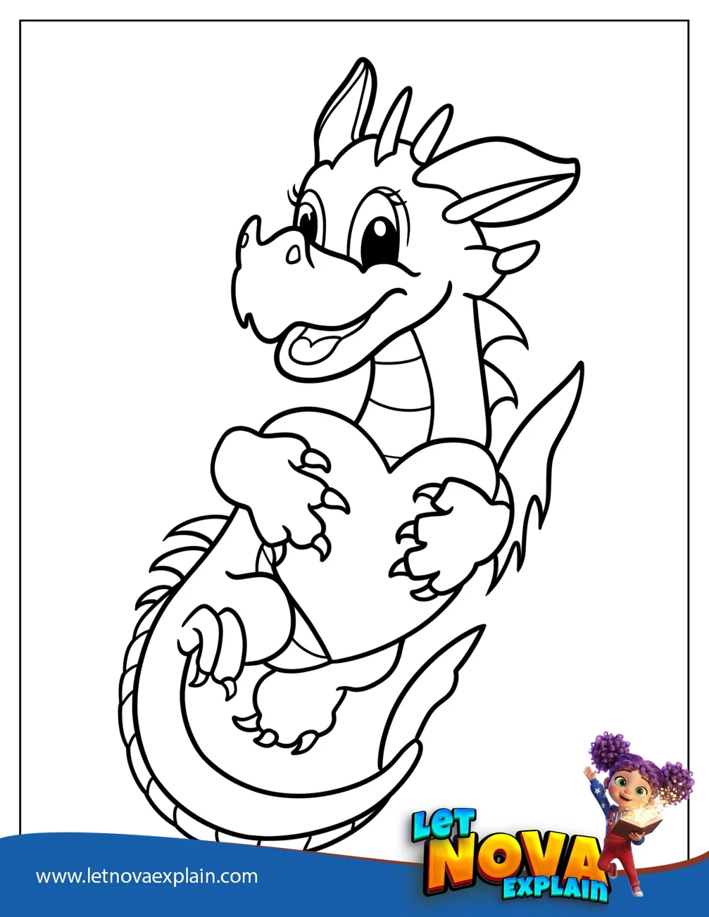 Adorable Little Dragon Hugging A Love Heart Coloring Page For Kids — Printable PDF