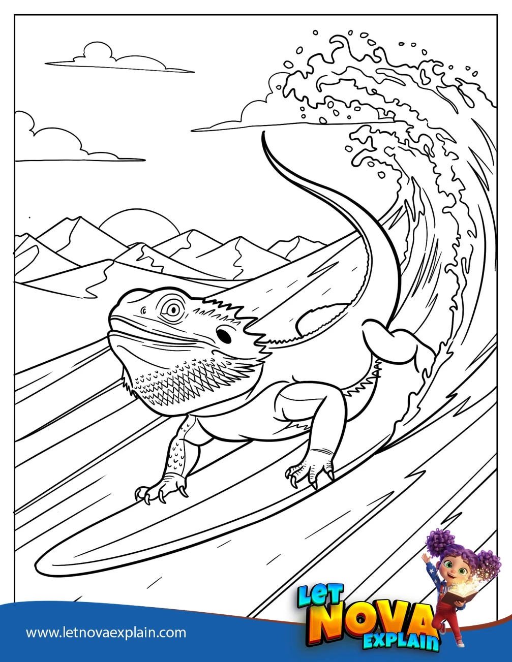 Bearded Dragon Surfing with Mountainous Background — Printable PDF