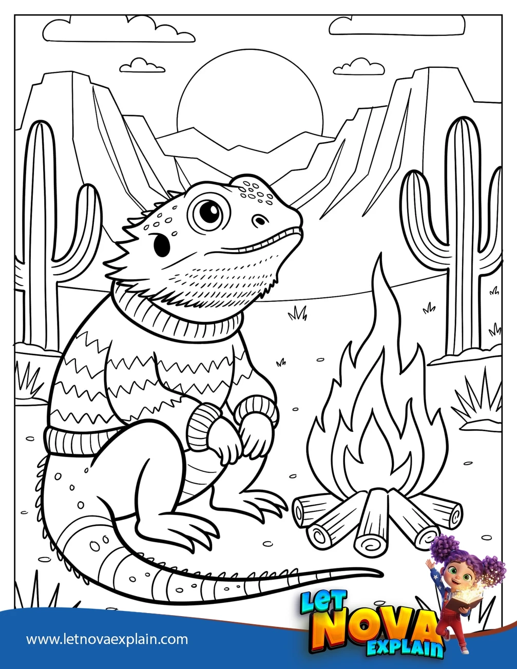 Bearded Dragon in Sweater Sitting by Bonfire in the Desert — Printable PDF