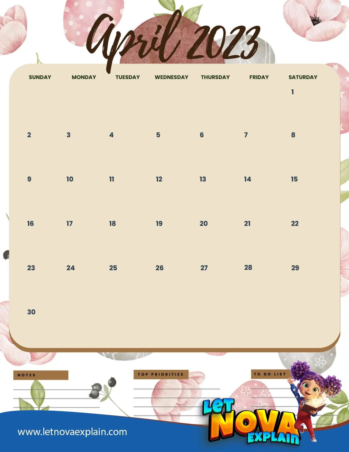 April 2023 Calendar Printable Easter 2 Portrait — PDF stampabile