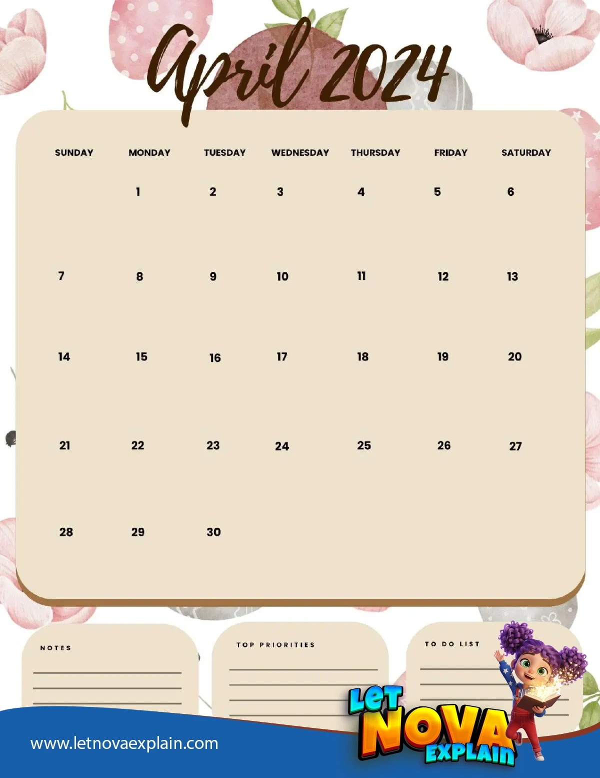 April 2024 Calendar Printable Easter 2 Portrait — PDF stampabile