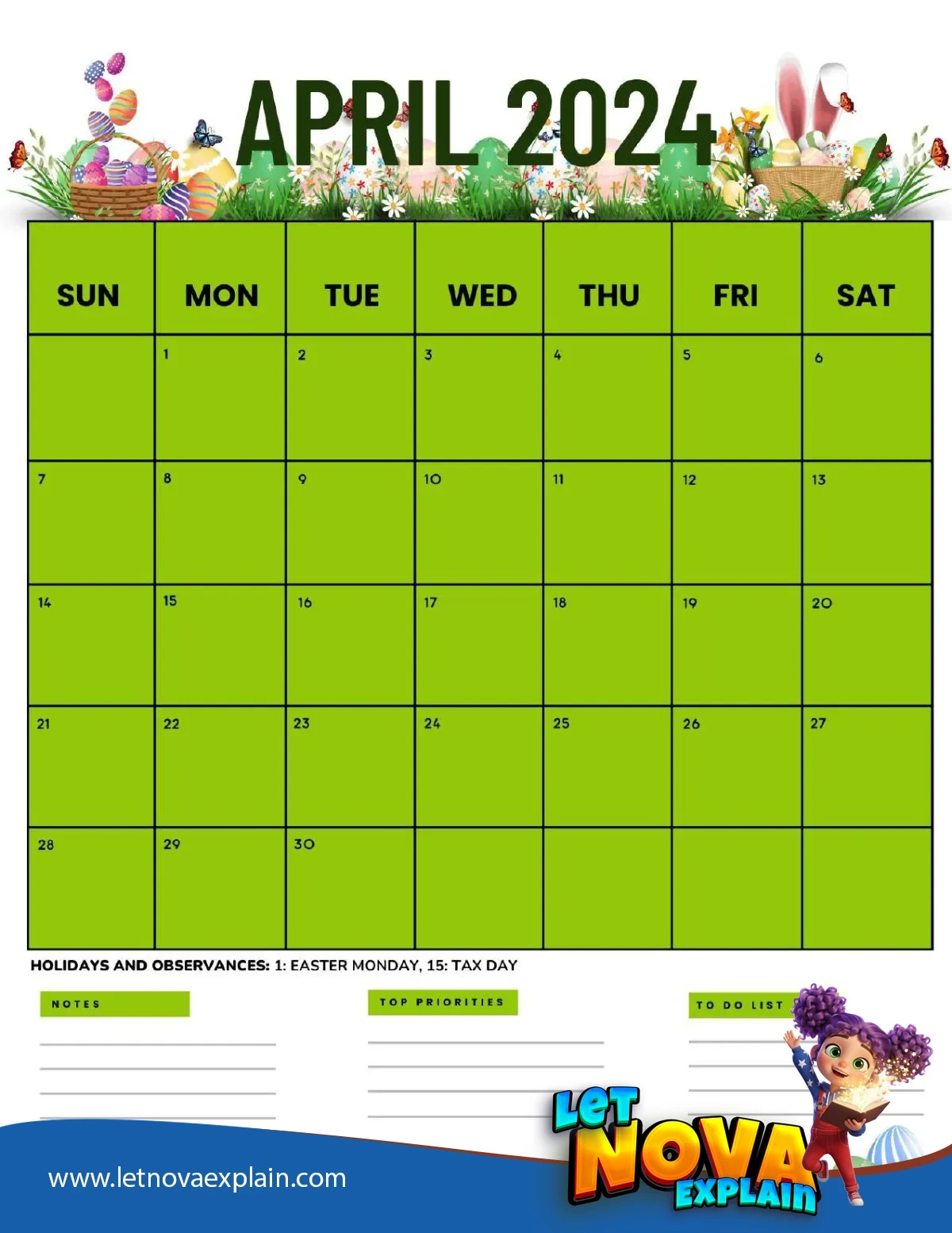 April 2024 Calendar Printable Easter 3 Portrait — PDF stampabile