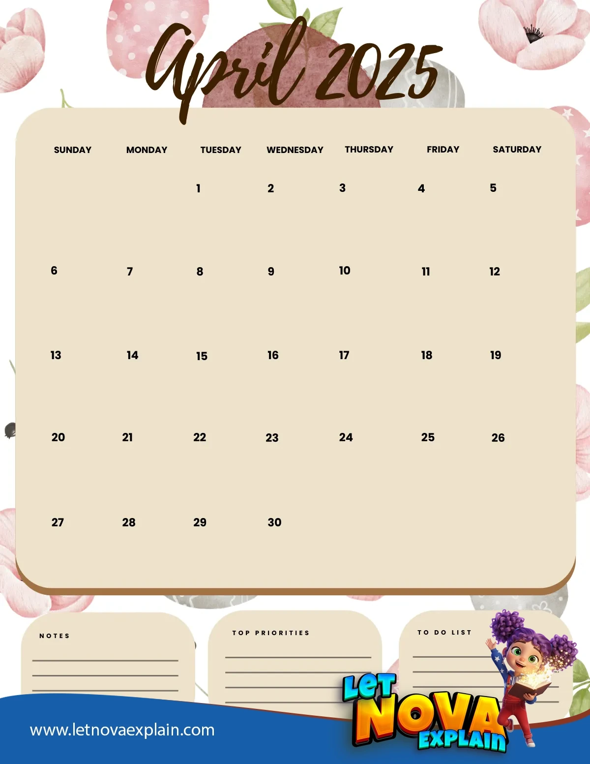April 2025 Calendar Printable Easter 2 Portrait — PDF stampabile
