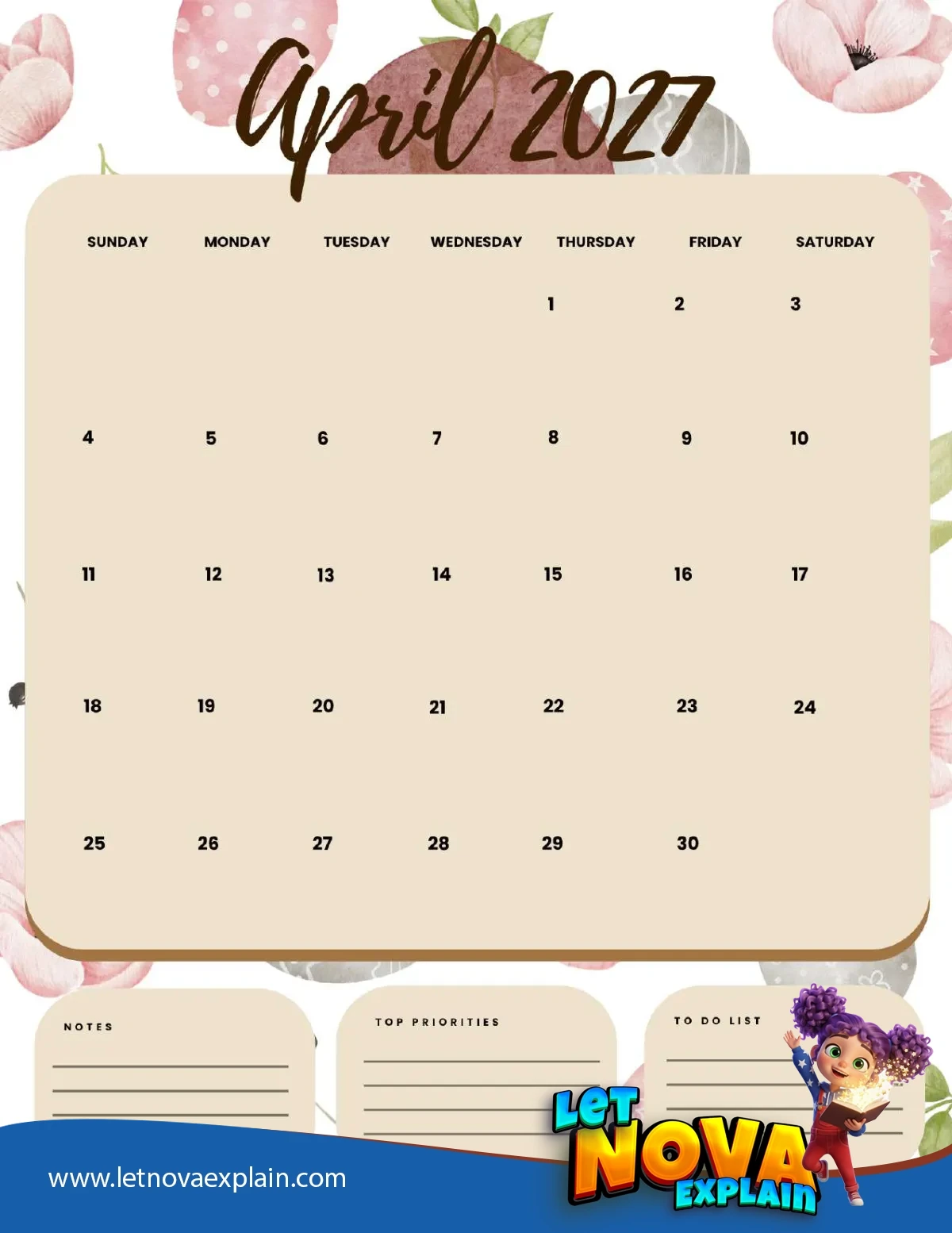 April 2027 Calendar Printable Easter 2 Portrait — Coloring page