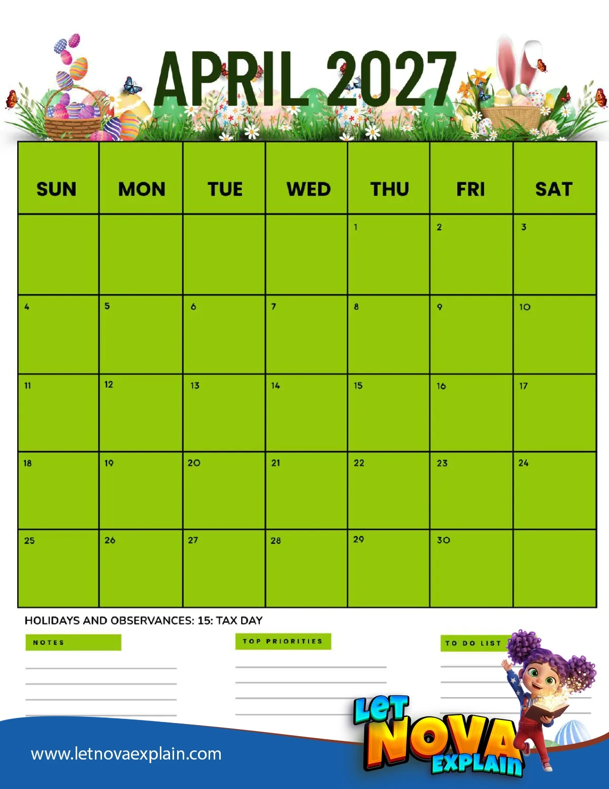 April 2027 Calendar Printable Easter 3 Portrait — Coloring page