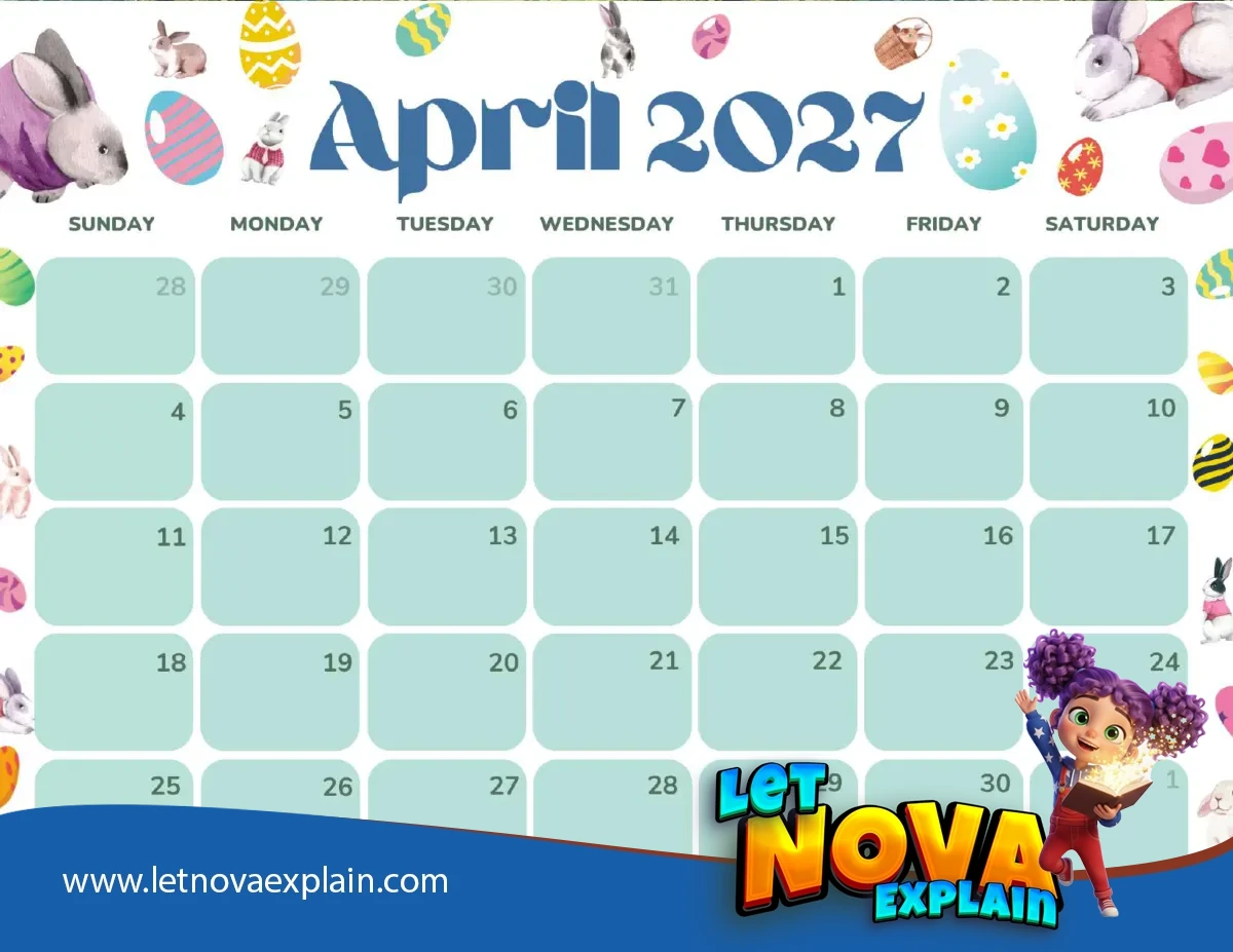 April 2027 Calendar Printable Easter Landscape — Coloring page