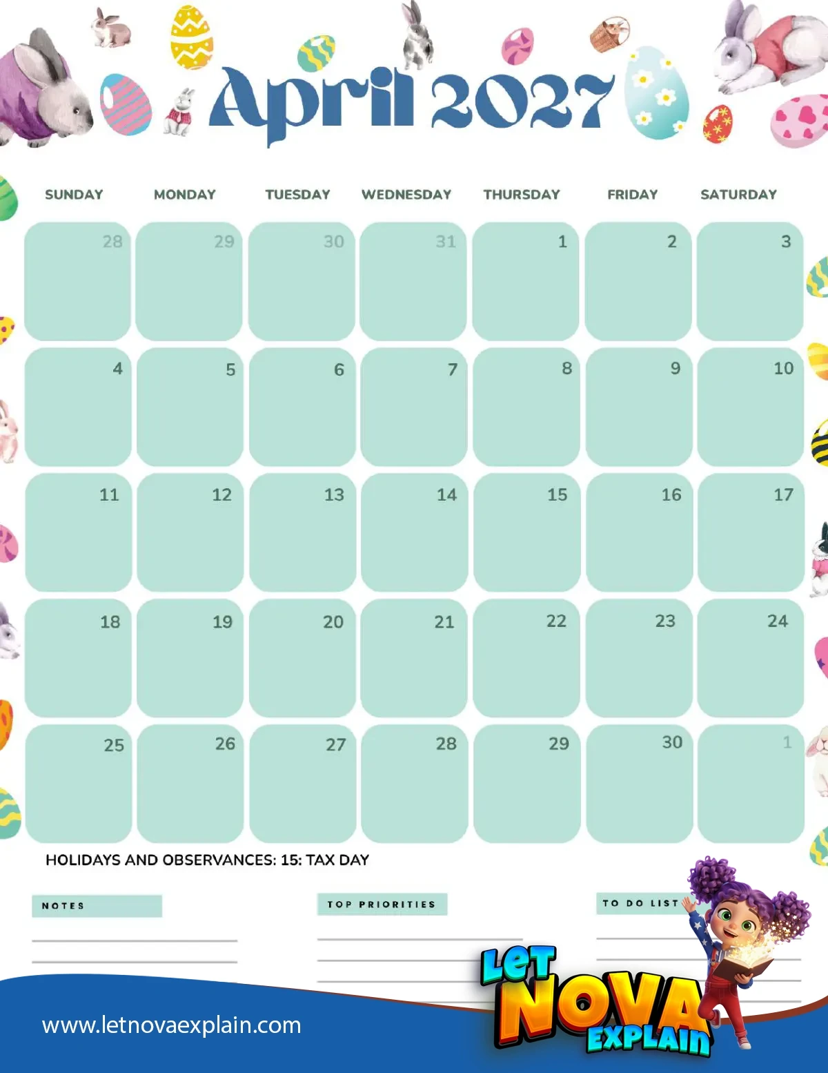 April 2027 Calendar Printable Easter Portrait — Coloring page