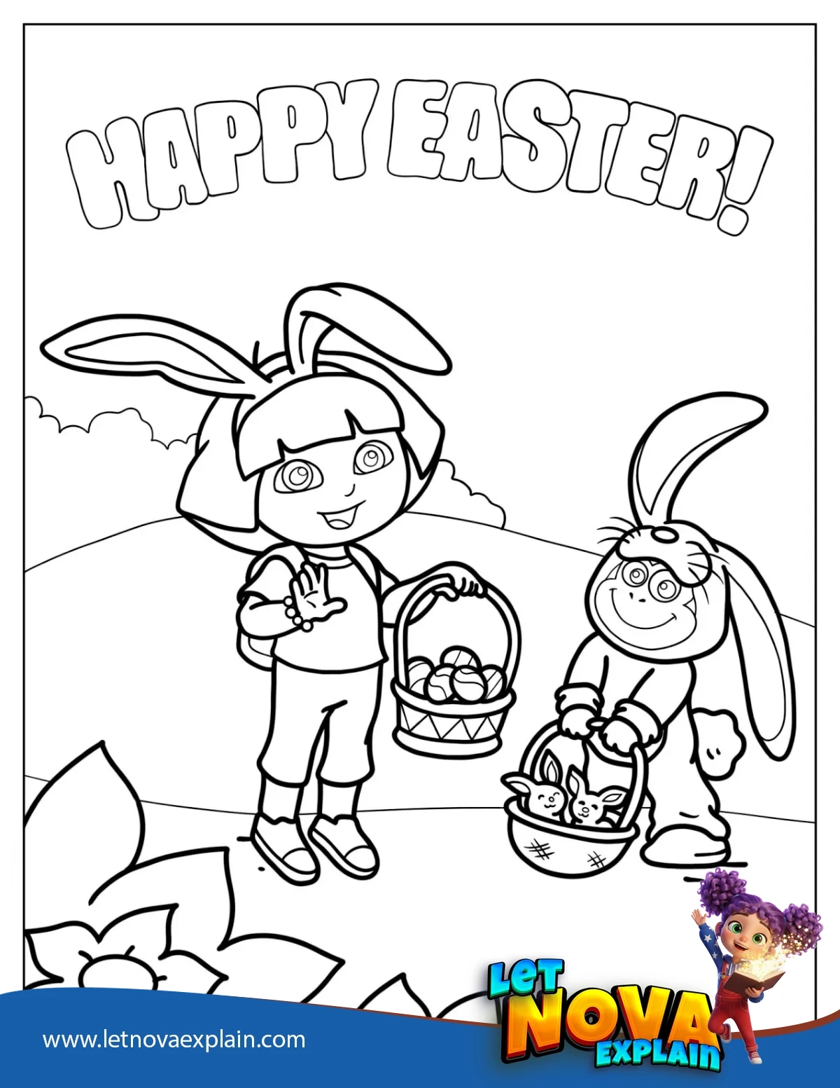 Boots And Dora Dressed Up For Easter To Color — Coloring page