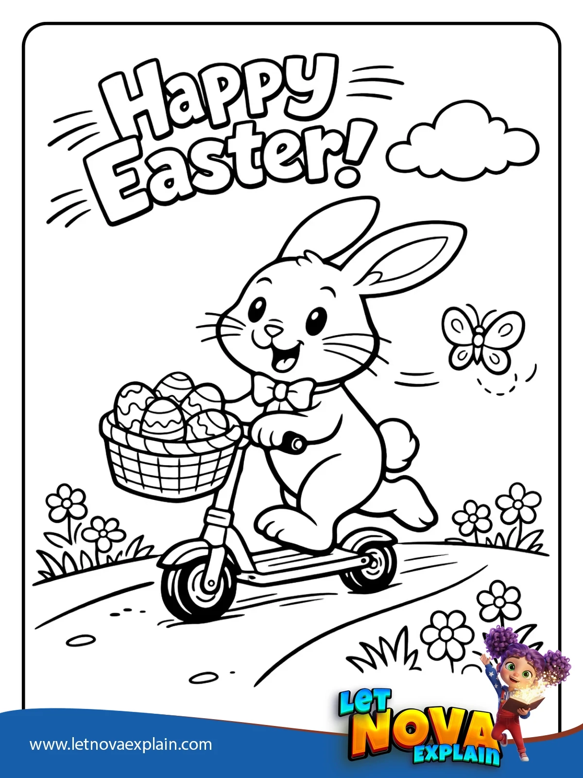 Bunny On Scooter With Basket coloring — Coloring page