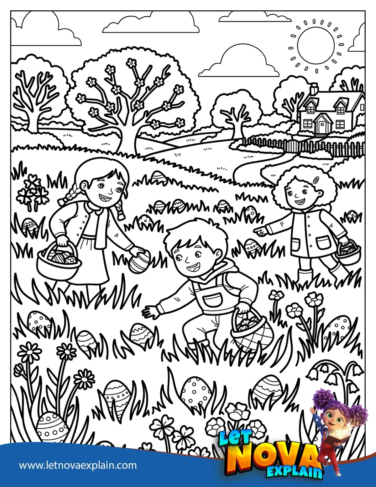 Children Hunting Easter Eggs in a Spring Meadow Coloring Page — Coloring page