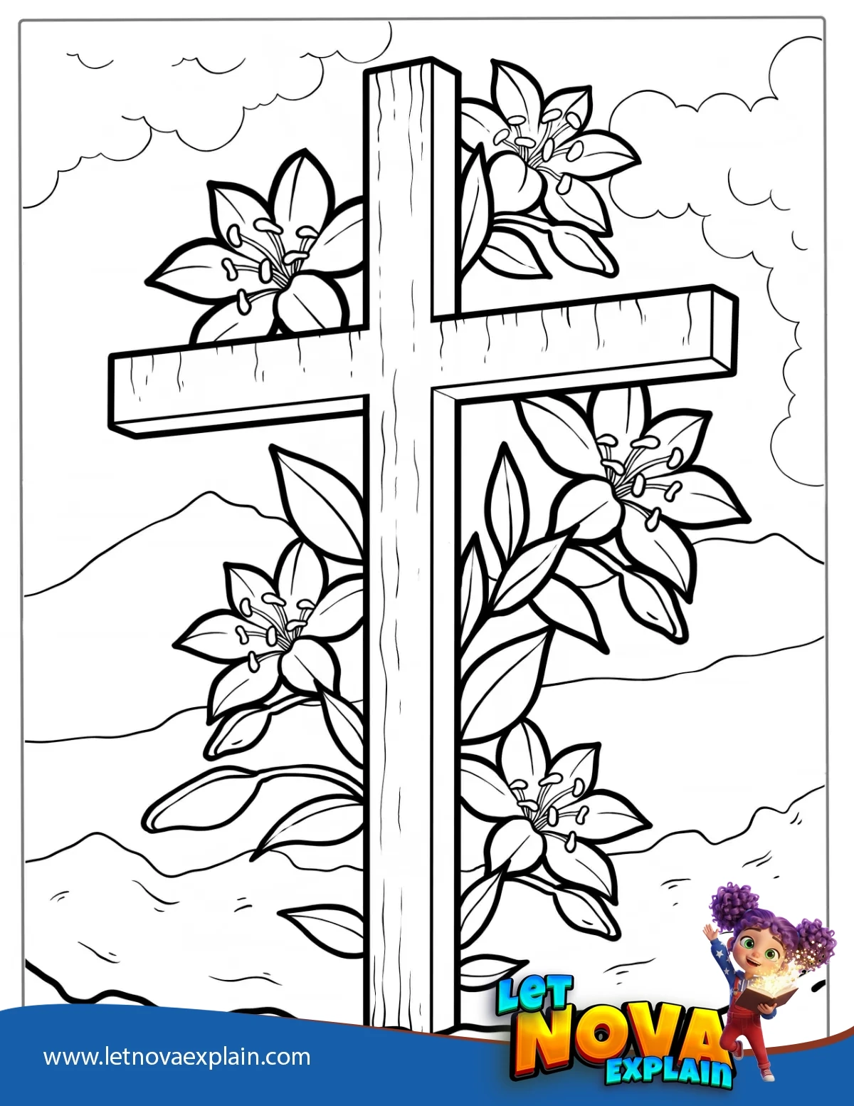 Wooden Easter Cross With Flowers — Disegno da colorare
