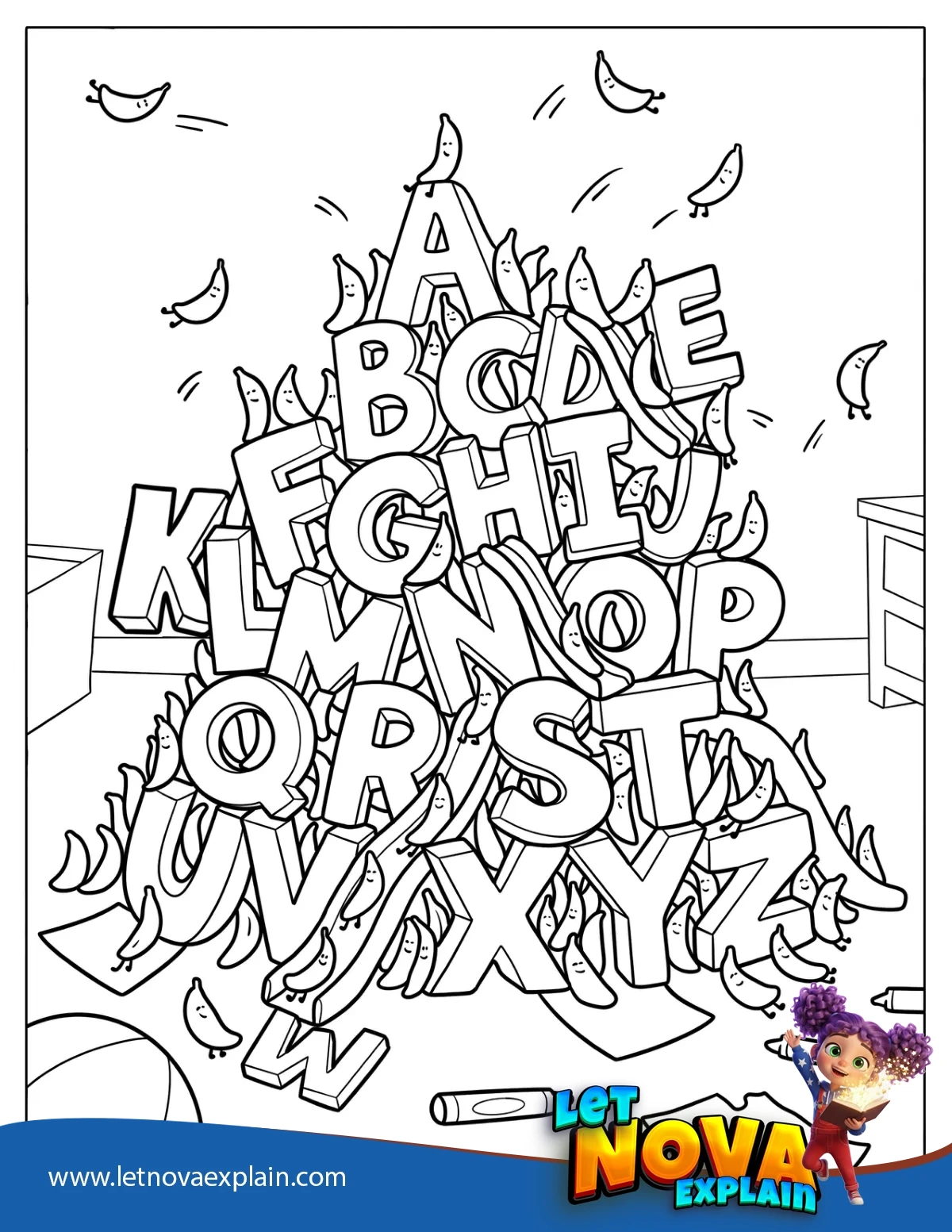 3D Alphabet Letters Piled with Crayons and Toys — Coloring page