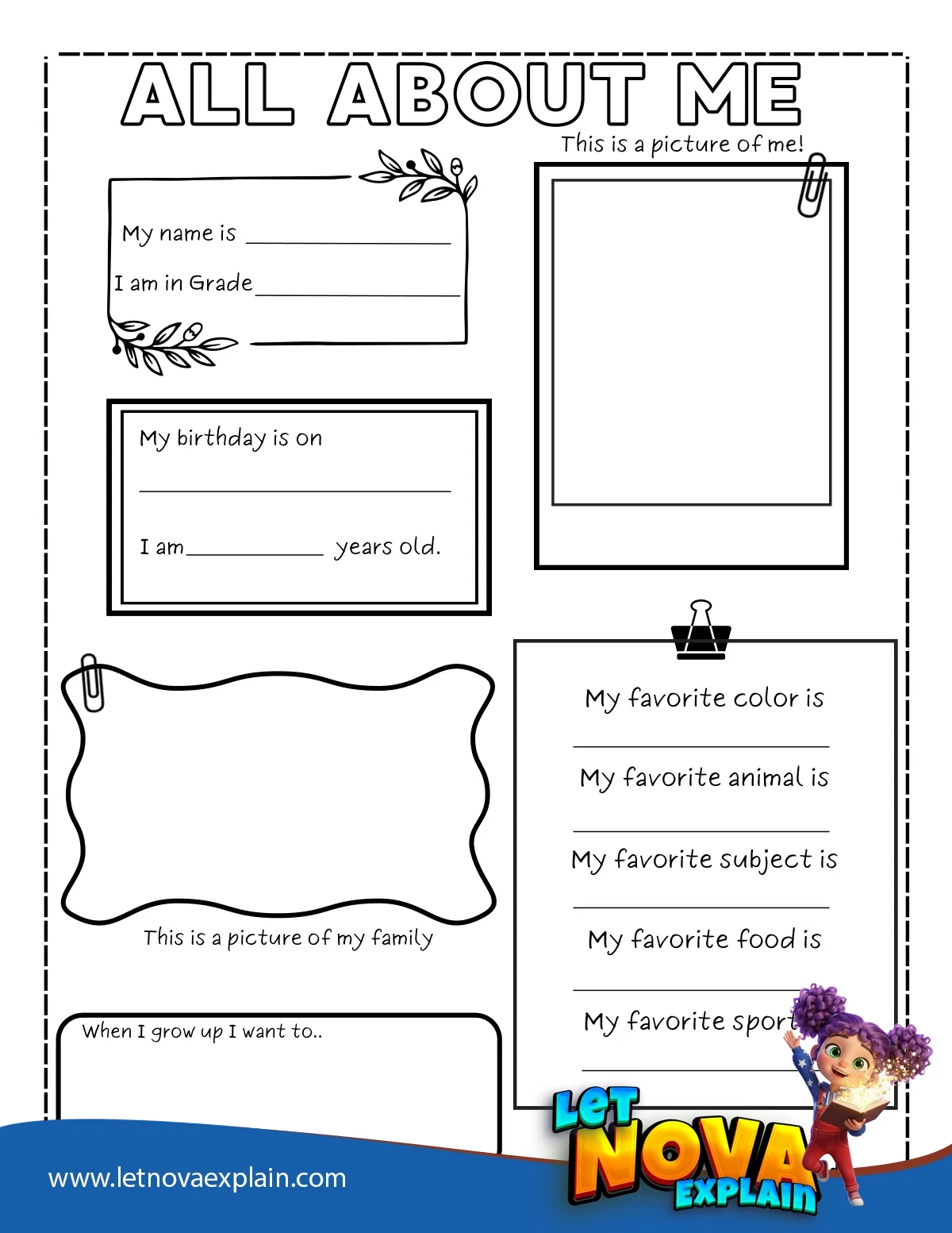 All About Me Printable Worksheet for Grade 2 — Coloring page