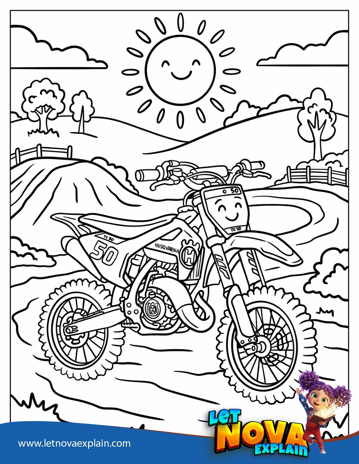 Yamaha Dirt Bike Number 50 on a Sunny Motocross Track Coloring Sheet — Disegno da colorare