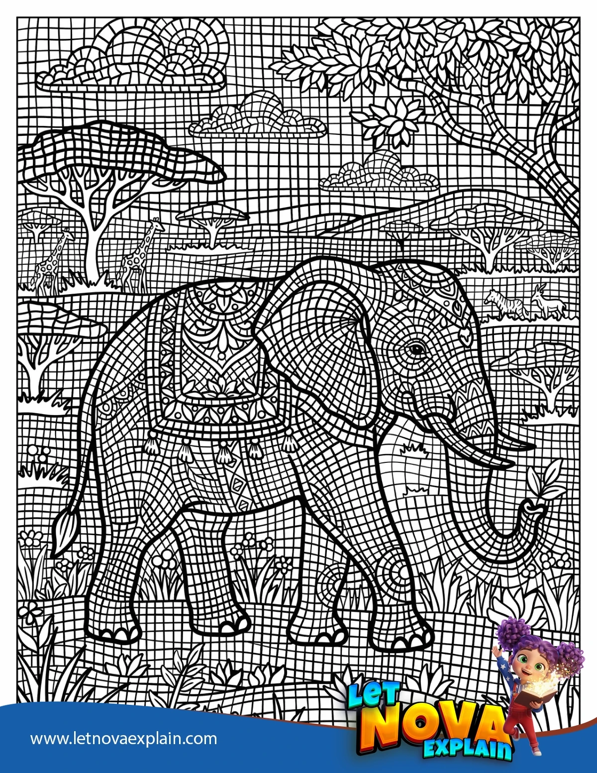 African Elephant and Calf Walking Across the Savanna Mosaic — صفحة تلوين