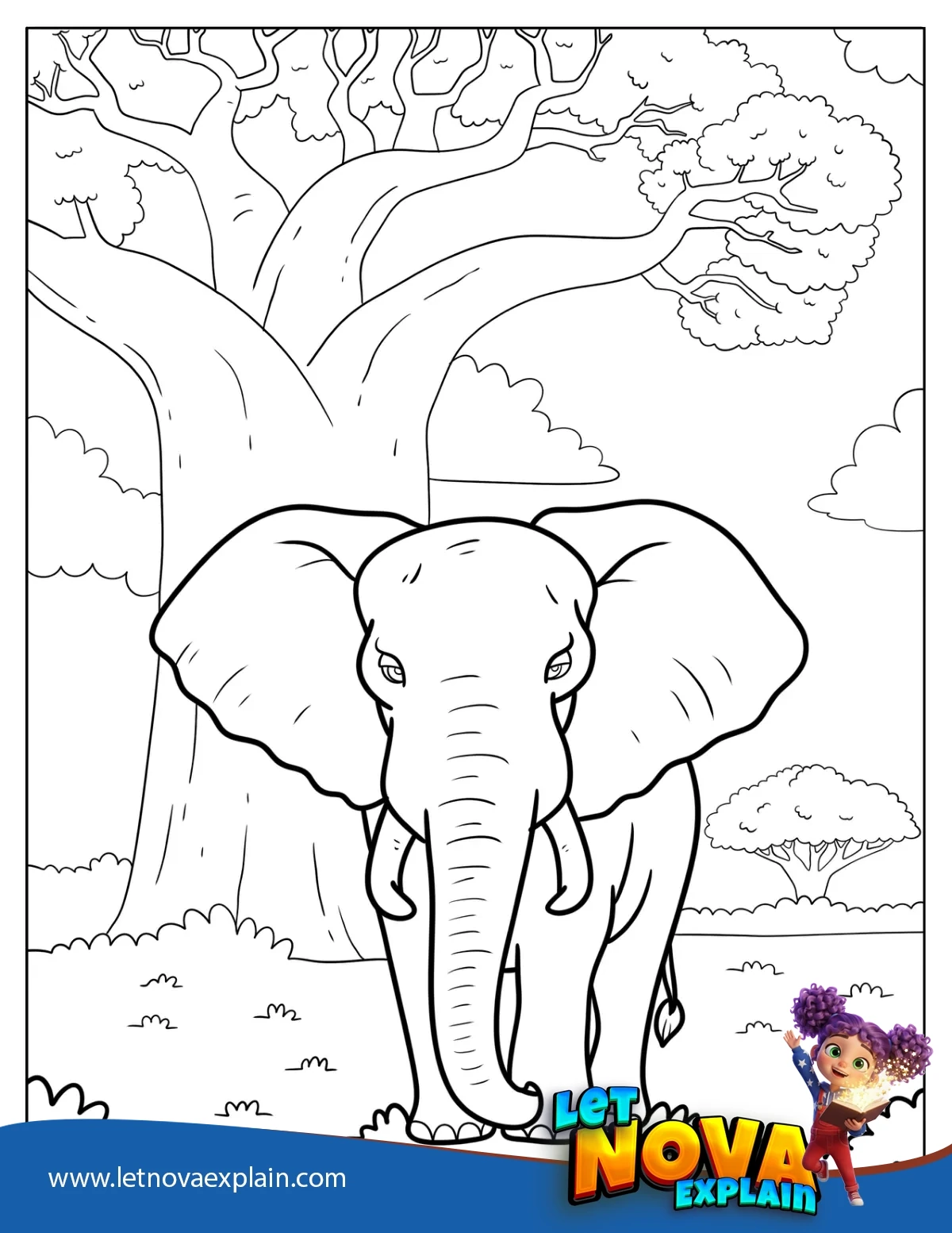 African Elephant in a Sunlit Savannah Landscape Coloring Page — صفحة تلوين