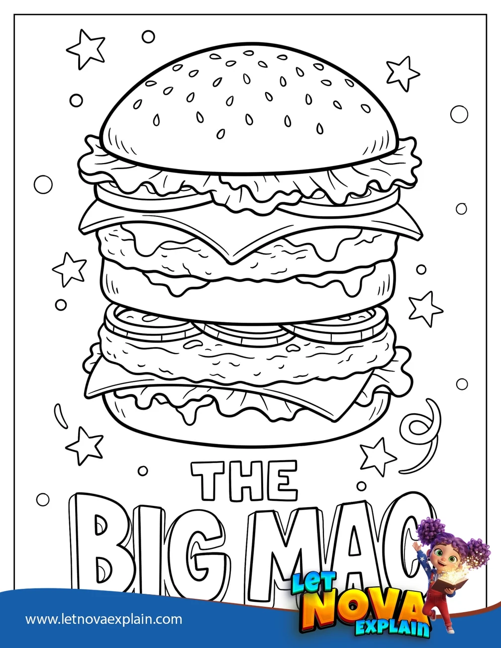 Big Mac Burger Stacked with Layers and Sesame Bun Coloring Sheet for Kids — PDF stampabile