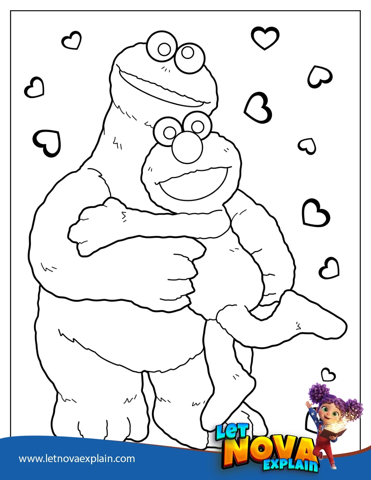 Cookie Monster Hugging Elmo Coloring Page — PDF stampabile