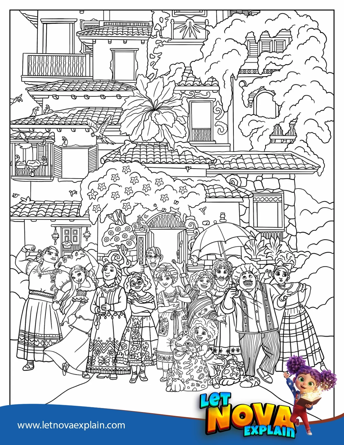 Encanto Coloring Sheet Of Madrigal Family In Front Of Casita — PDF imprimable