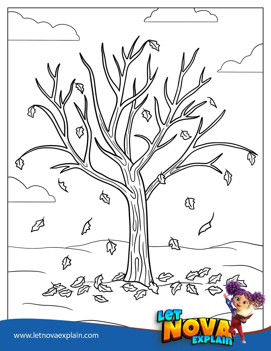 Autumn Tree With Falling Leaves To Color — PDF imprimable