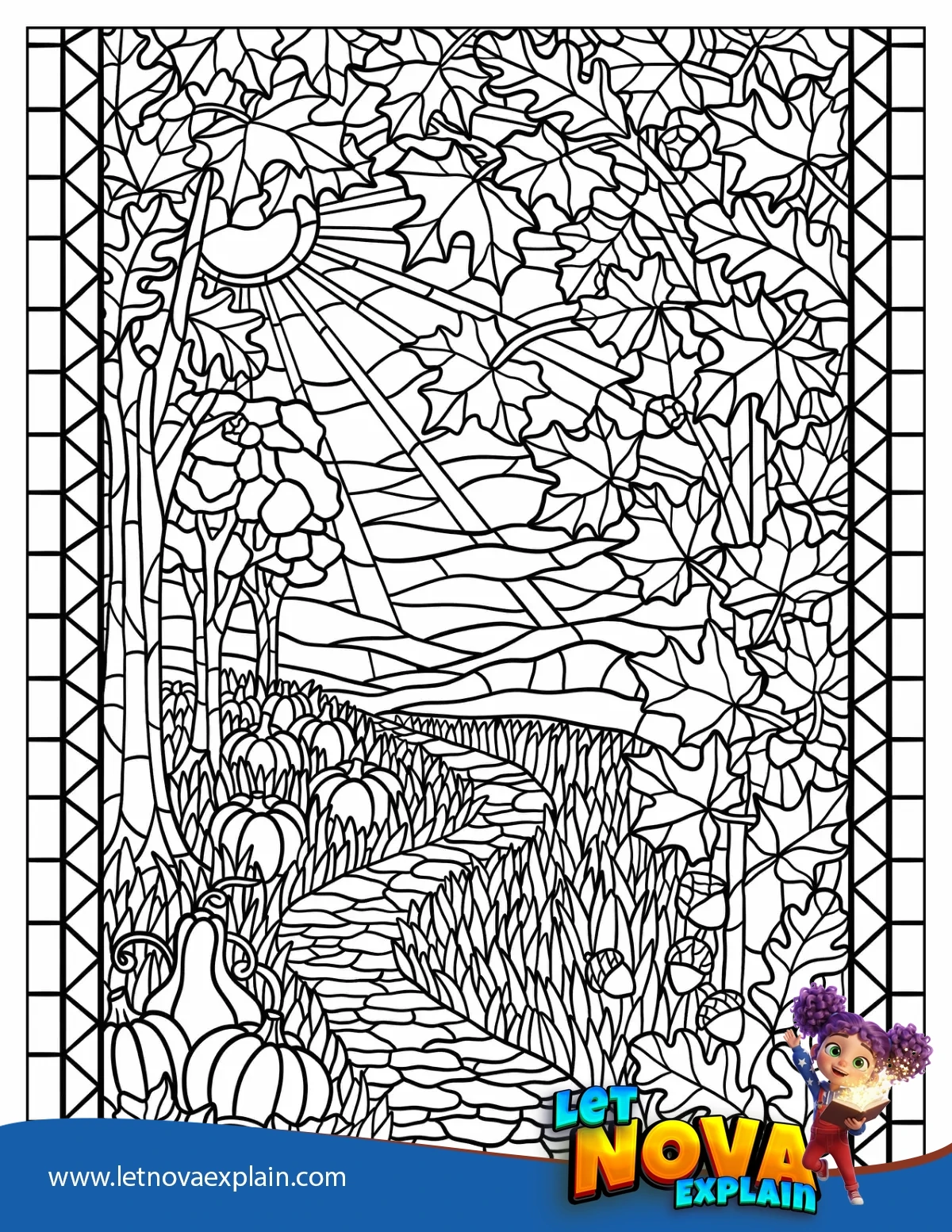 Beautiful Forest Path with Pumpkins and Falling Leaves in Autumn Stained Glass — PDF imprimable