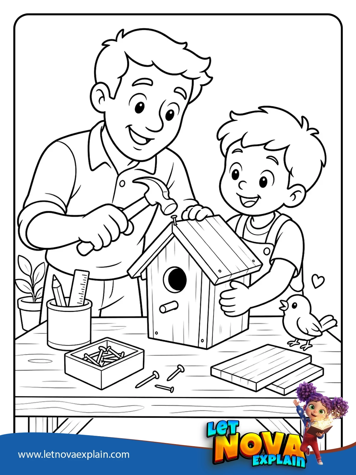 Dad Builds a Birdhouse coloring — Coloring page