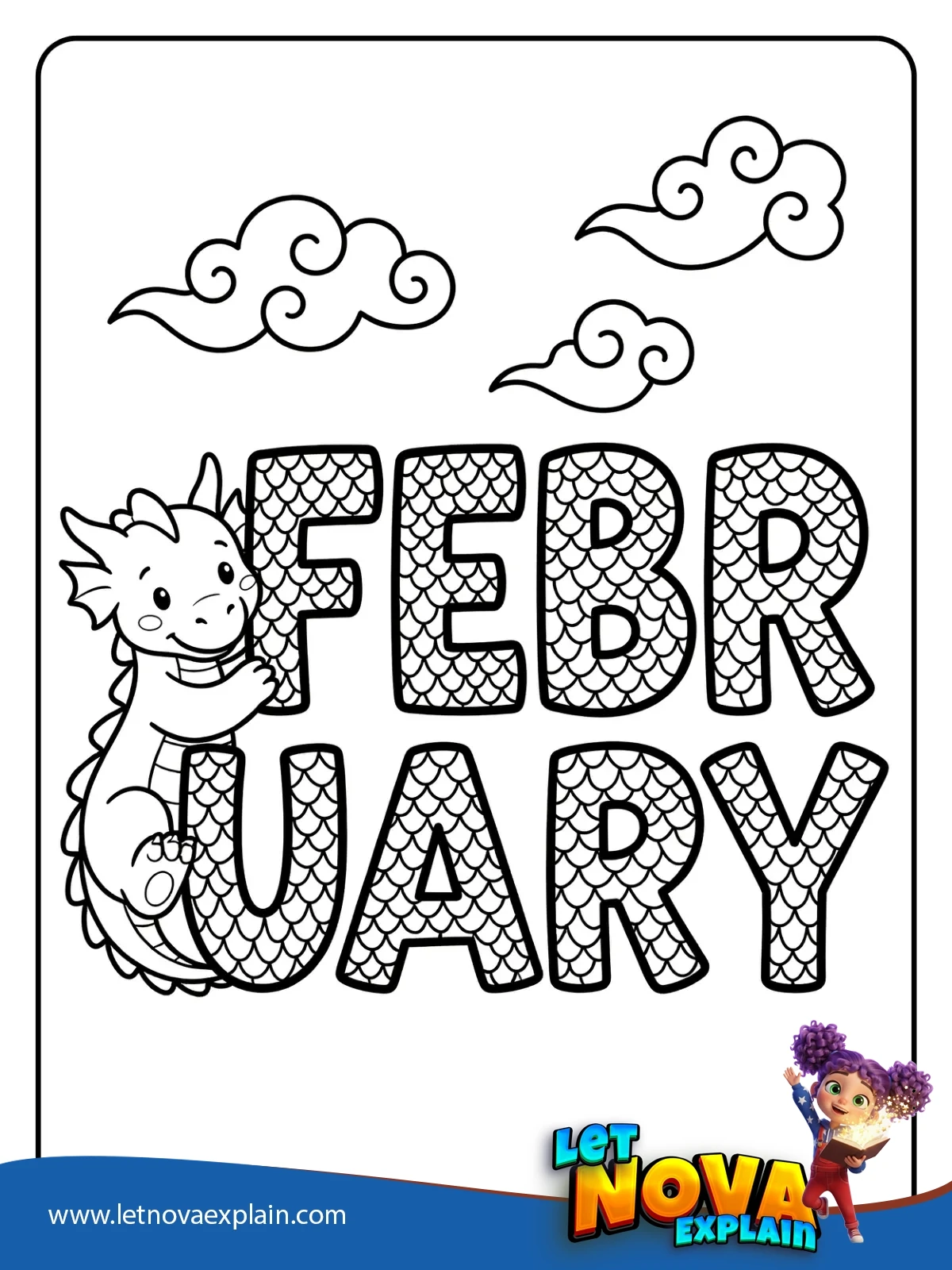 FEBRUARY Dragon Scale Letters coloring — Printable PDF