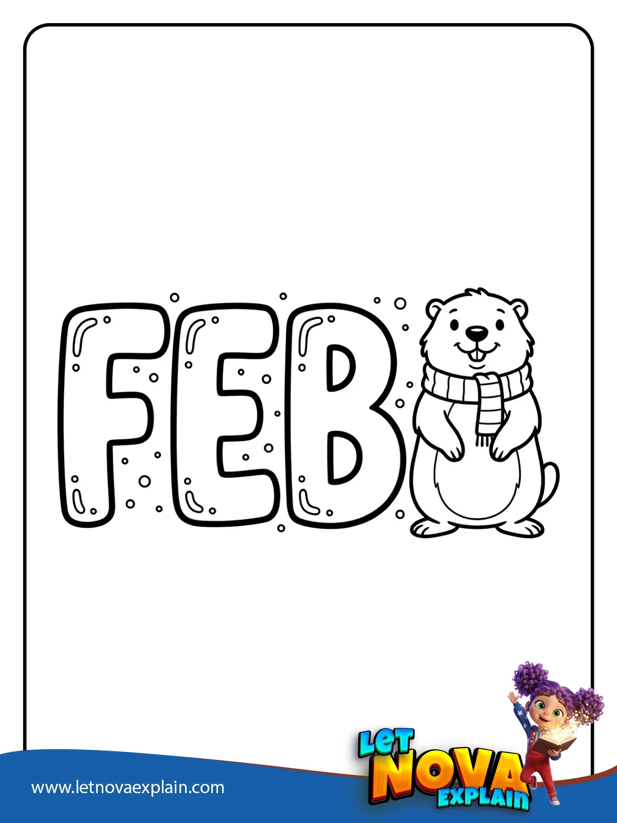 FEBRUARY Groundhog With FEB Letters coloring — Printable PDF