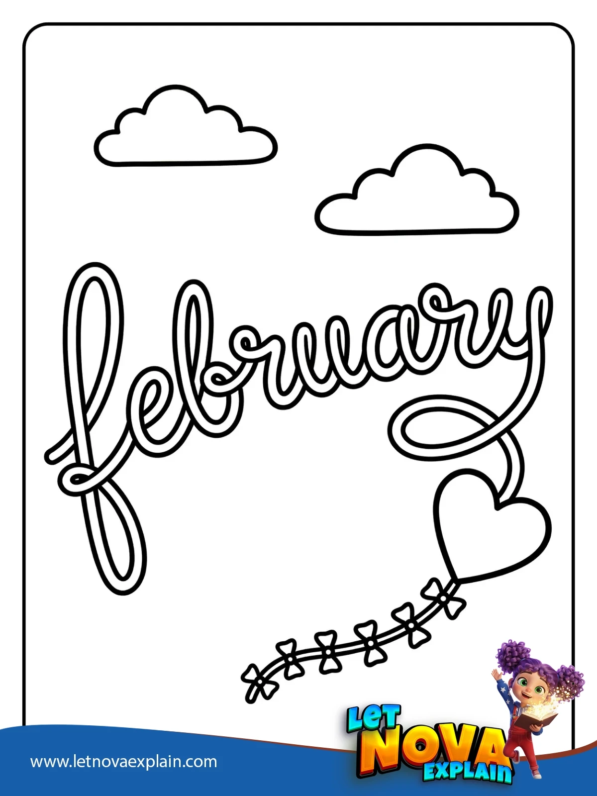 FEBRUARY Heart Kite Letters coloring — Printable PDF