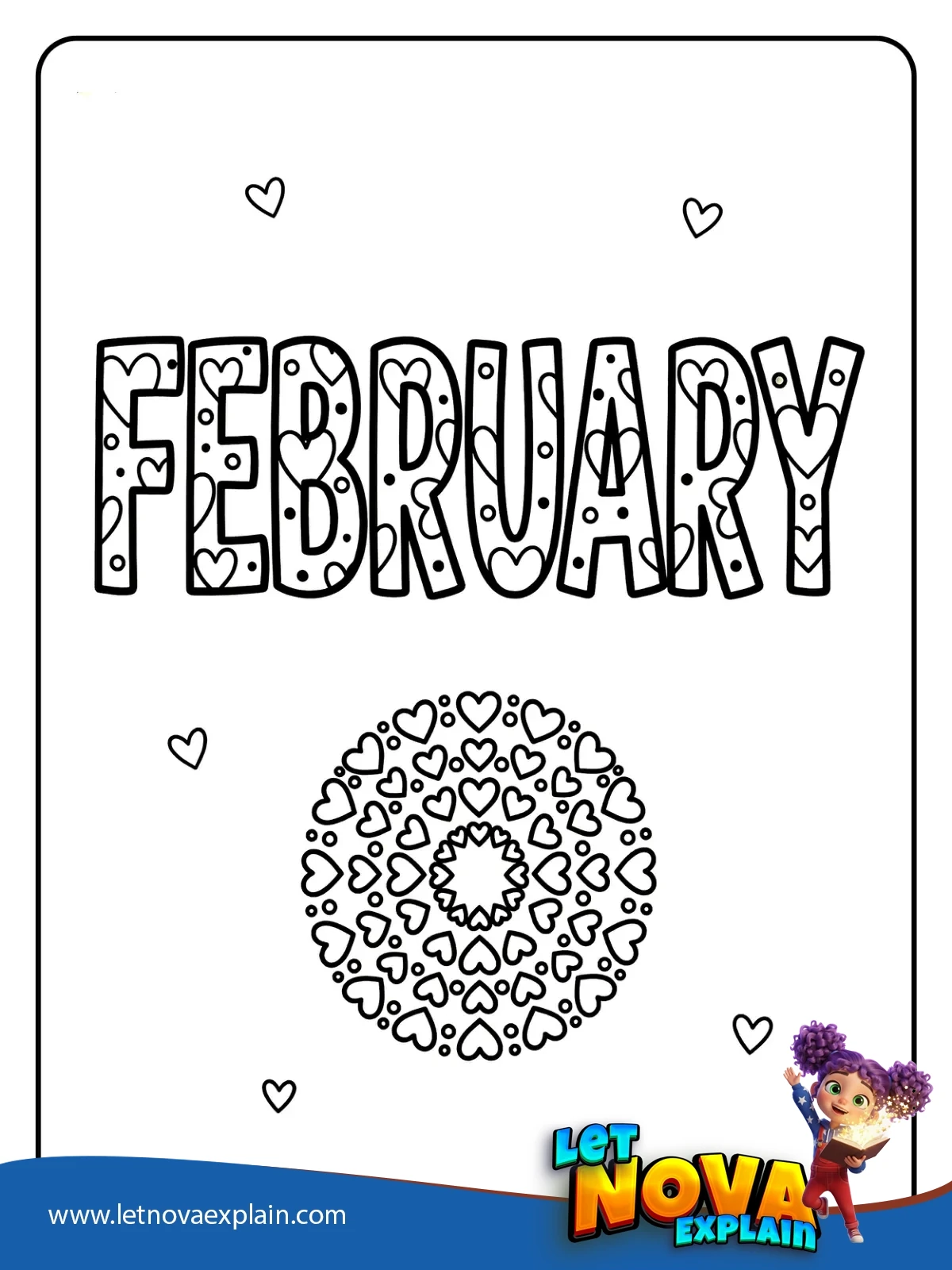 FEBRUARY Heart Mandala Letters coloring — Printable PDF
